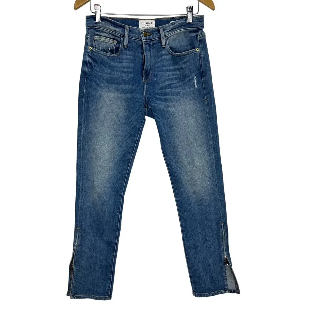 Frame “Le Boy” Cropped Boyfriend Jeans Zip Ankle Lightly Distressed – Size 27 - Picture 2 of 8